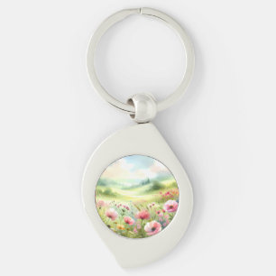 Pastel Wildflower Meadow Landscape Key Ring