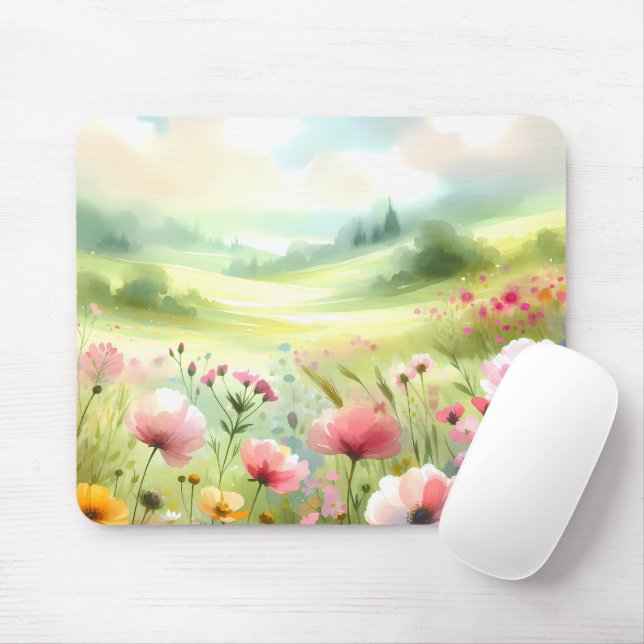 Pastel Wildflower Meadow Landscape Mouse Mat (With Mouse)
