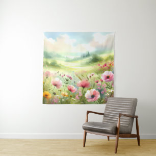 Pastel Wildflower Meadow Landscape Tapestry