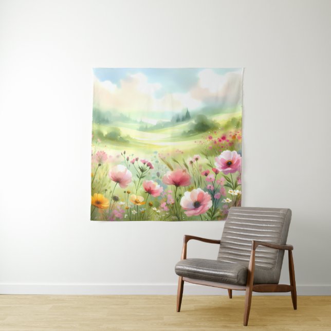 Pastel Wildflower Meadow Landscape Tapestry (In Situ)