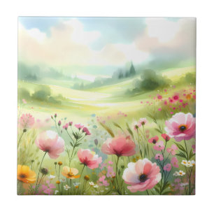 Pastel Wildflower Meadow Landscape Tile