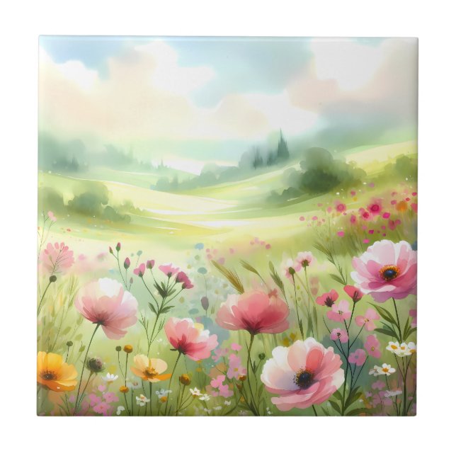 Pastel Wildflower Meadow Landscape Tile (Front)