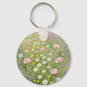Pastel Wildflower Meadow Painting Key Ring