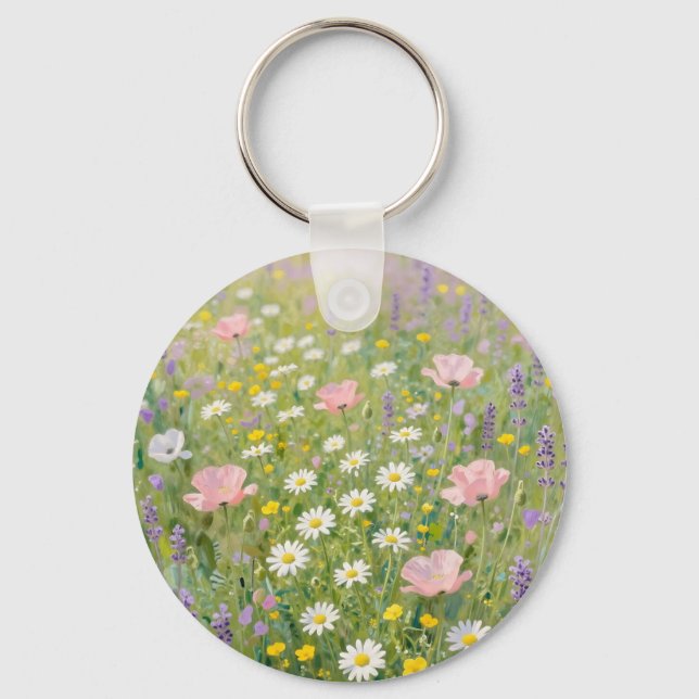 Pastel Wildflower Meadow Painting Key Ring (Front)