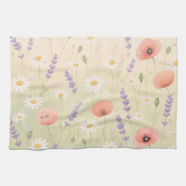 Pastel Wildflower Meadow Soft Bloom Tea Towel (Horizontal)