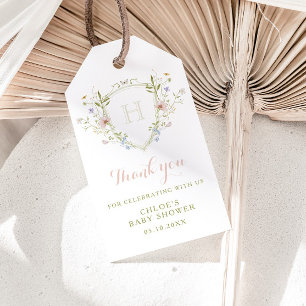 Pastel Wildflower Monogram Crest Thank You Gift Tags