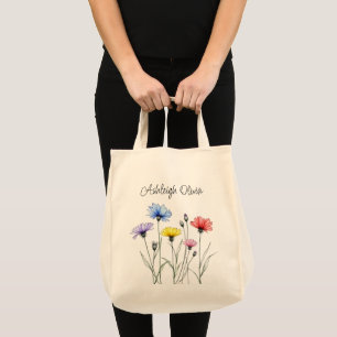 Pastel Wildflower Pencil Sketch-Style Grocery Tote Bag