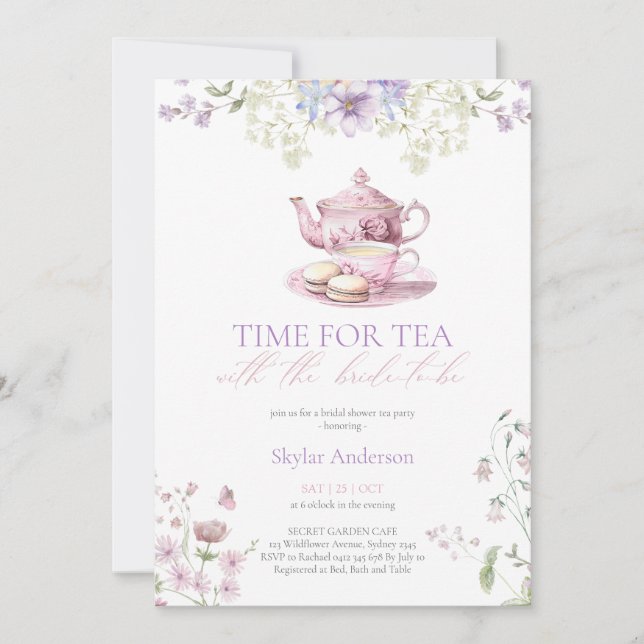 Pastel Wildflower Time for Tea Bridal Shower Party Invitation (Front)