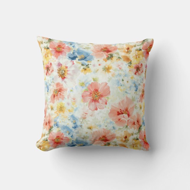 Pastel Wildflower Watercolor Botanical Floral Home Cushion (Front)