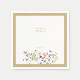 Pastel Wildflower Wedding Beige Border Napkin