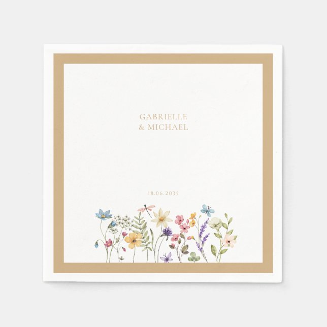 Pastel Wildflower Wedding Beige Border Napkin (Front)