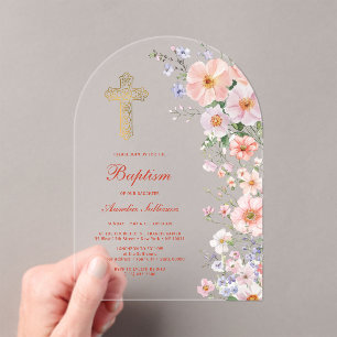 Pastel Wildflowers Arch Baptism Acrylic Invitations