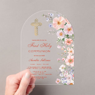 Pastel Wildflowers Arch First Communion Acrylic Invitations