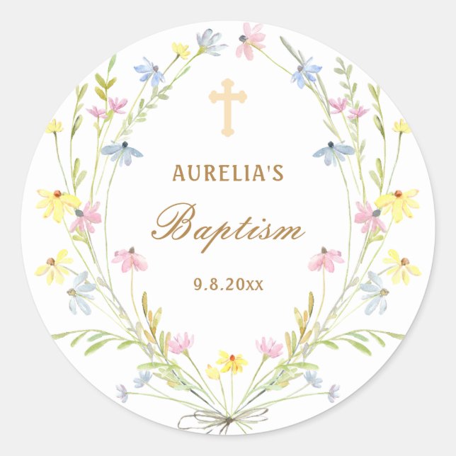 Pastel Wildflowers Baptism Classic Round Sticker (Front)