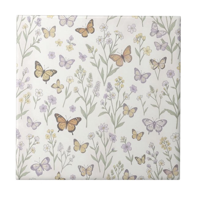Pastel Wildflowers Butterflies Meadow Botanical  Tile (Front)