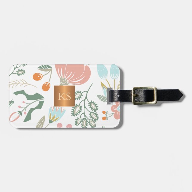 Pastel wildflowers with metallic copper monogram luggage tag (Front Horizontal)