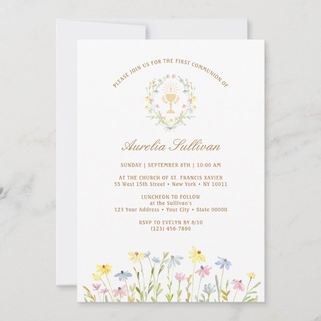 Pastel Wildflowers Wreath First Communion Invitation (Front)