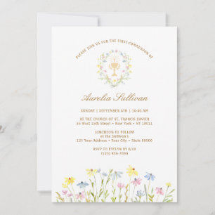 Pastel Wildflowers Wreath First Communion Invitation