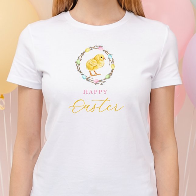 Pastel Willow Wreath And Yellow Chick Happy Easter T-Shirt (Disclaimer: This image is a digital mockup.)