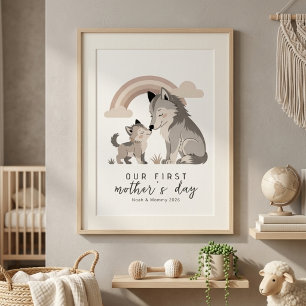 Pastel Wolf Mom Pup First Mother’s Day Nursery  Poster