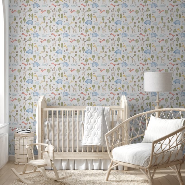 Pastel Woodland Animal and Nature Pattern  Wallpaper (Kids)