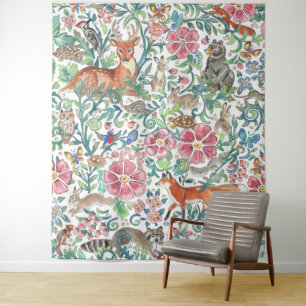 Pastel Woodland Animal Deer Fox Rabbit Large Tapestry