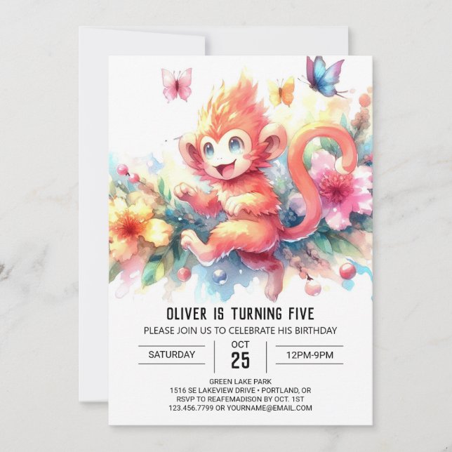 Pastel Woodland Monkey Birthday Invitation (Front)