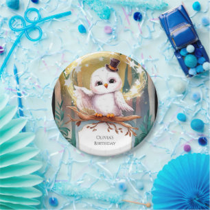Pastel Woodland Owl Birthday Paper Plate
