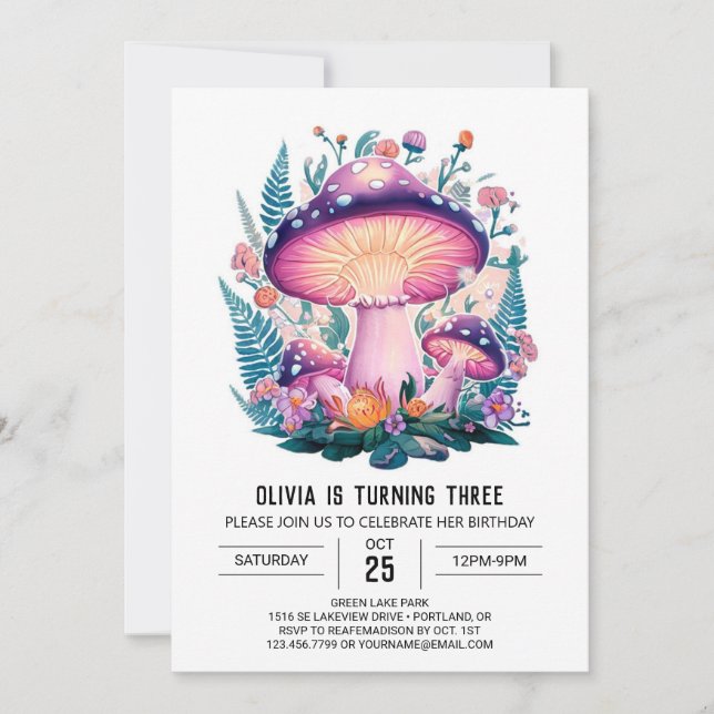Pastel Woods Digital Mushroom Birthday Invitation (Front)
