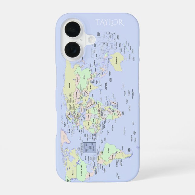 Pastel World Map – Personalised iPhone 16 Case (Back)