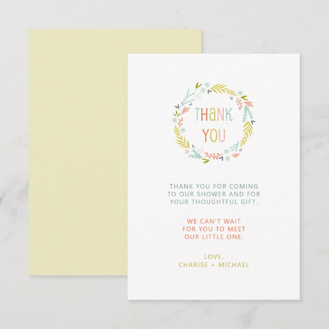Pastel Wreath baby shower thank you note (Front/Back)