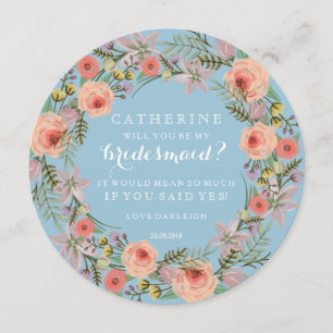 Pastel Wreath Will You Be My Bridesmaid Blue Invitation