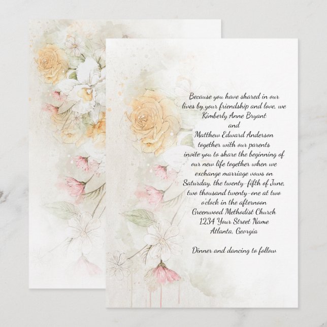Pastel Yellow and Pink Roses Greenery Wedding Invitation (Front/Back)