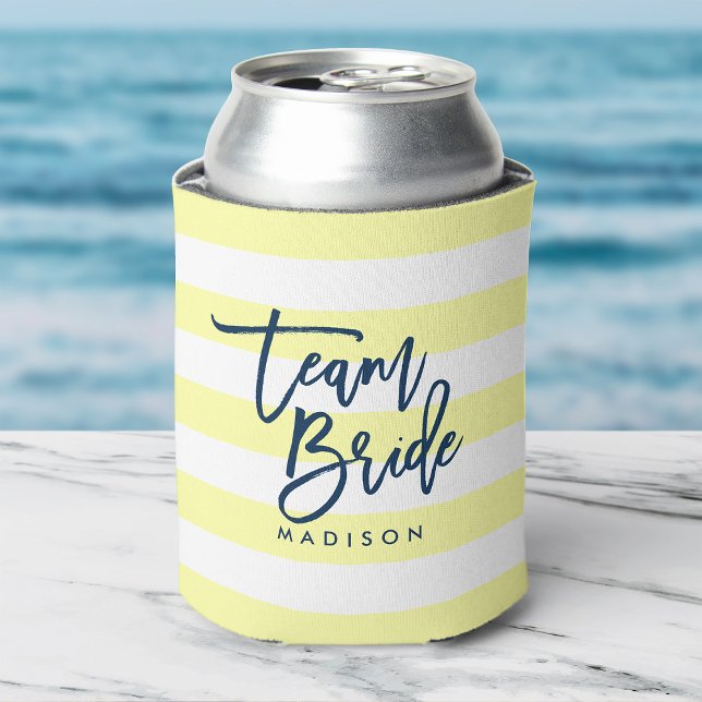 Pastel Yellow and White Stripes Blue Team Bride Can Cooler (Creator Uploaded)