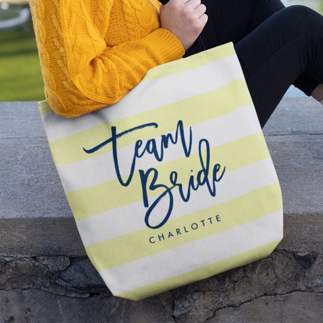Pastel Yellow and White Stripes Blue Team Bride Tote Bag (Creator Uploaded)