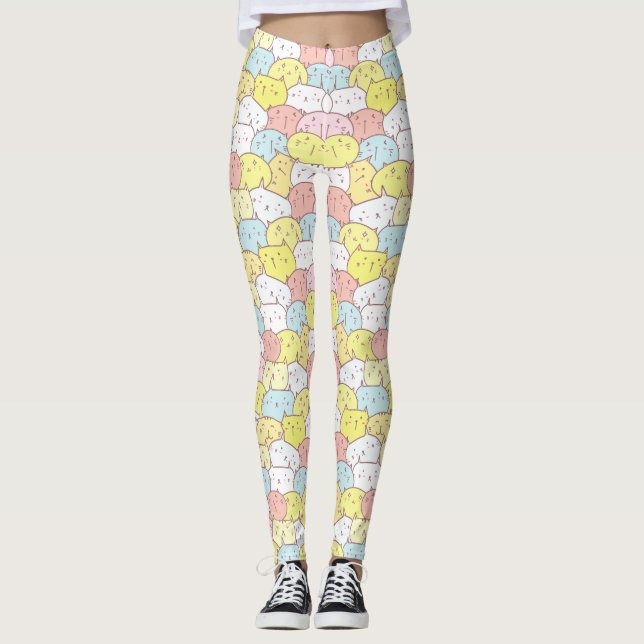 PASTEL YELLOW BLUE PINK CUTE ILLUSTRATED CATS LEGGINGS (Front)