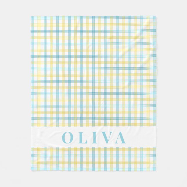 Pastel Yellow Blue Plaid Custom Name Fleece Blanket (Front)