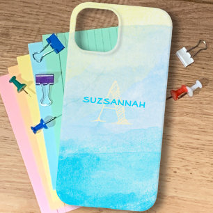 Pastel Yellow Blue Watercolor Monogram Name Custom Case-Mate iPhone 14 Case