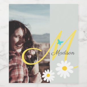 Pastel Yellow Butterfly Daisy Cute Custom Name Wine Label
