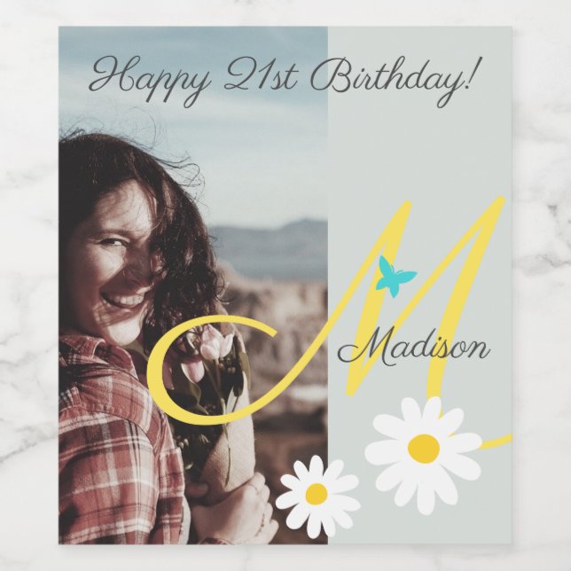 Pastel Yellow Butterfly Photo Template Custom Name Wine Label (Single Label)