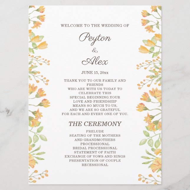 Pastel Yellow Floral 2-Sided Wedding Program  Programme (Front)