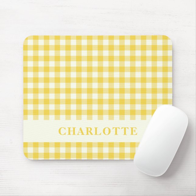 Pastel Yellow Gingham Buffalo Check Plaid Name  Mouse Mat (With Mouse)