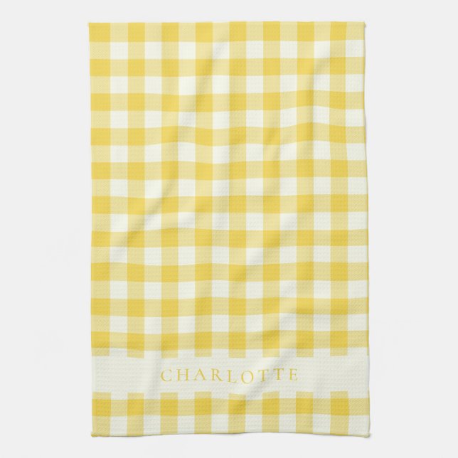 Pastel Yellow Gingham Buffalo Check Plaid Name Tea Towel (Vertical)