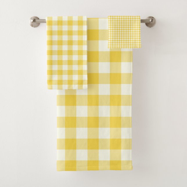 Pastel Yellow Gingham Buffalo Check Plaid Pattern  Bath Towel Set (Insitu)
