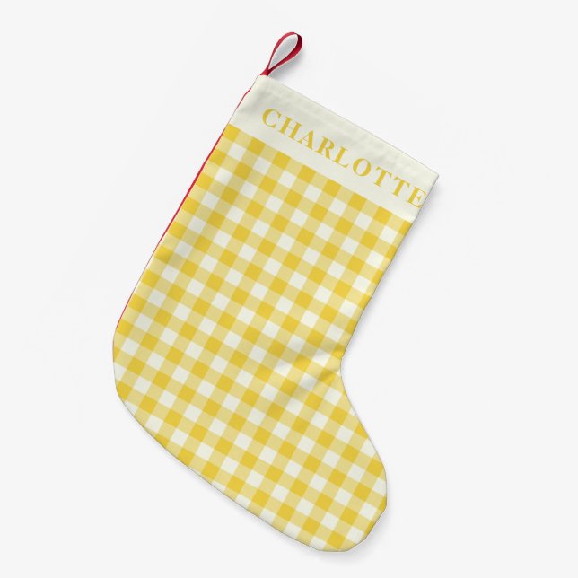 Pastel Yellow Gingham Coquette Check Plaid Name Small Christmas Stocking (Front (Hanging))