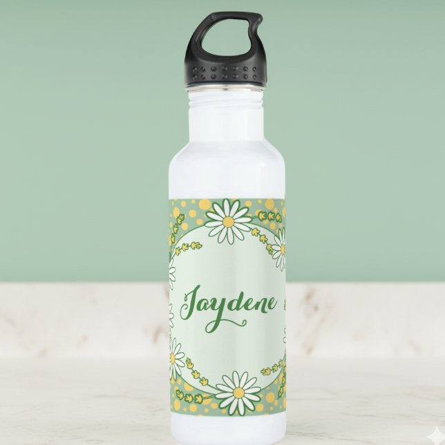 Pastel Yellow Green Custom Daisy 710 Ml Water Bottle (Daisies and dots in green and yellow pastel colors hand drawn for your pleasure.)