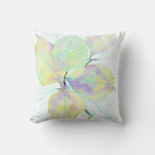 Pastel Yellow Green Watercolor Botanical Leaves Cushion