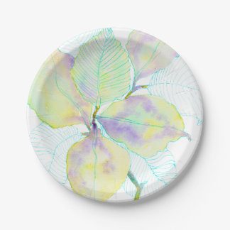 Pastel Yellow Green Watercolor Botanical Leaves Paper Plate