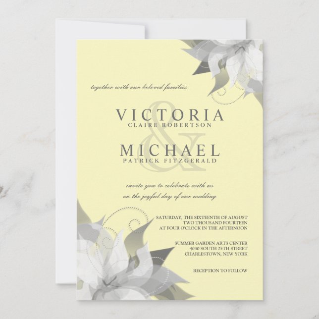 Pastel Yellow Grey Floral Wedding Invitations (Front)