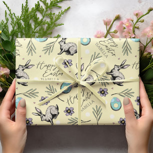 Pastel Yellow Happy Easter Bunnies Wrapping Paper